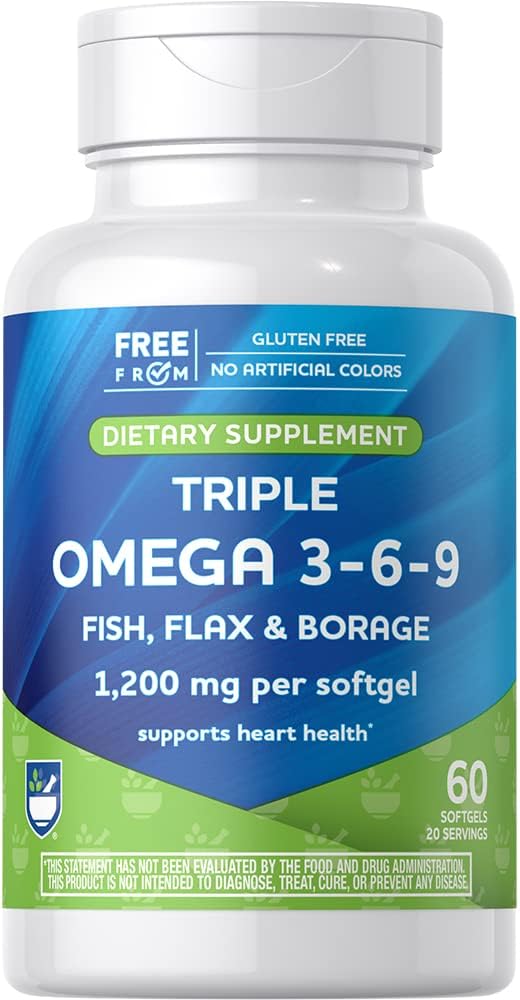 Rite Aid Triple Omega 3, 6, 9 Softgels - 건강한 심장, DHA 및 EPA, Flaxseed 및 Borage Oil을 지원하는 60 카운트 물고기 오일