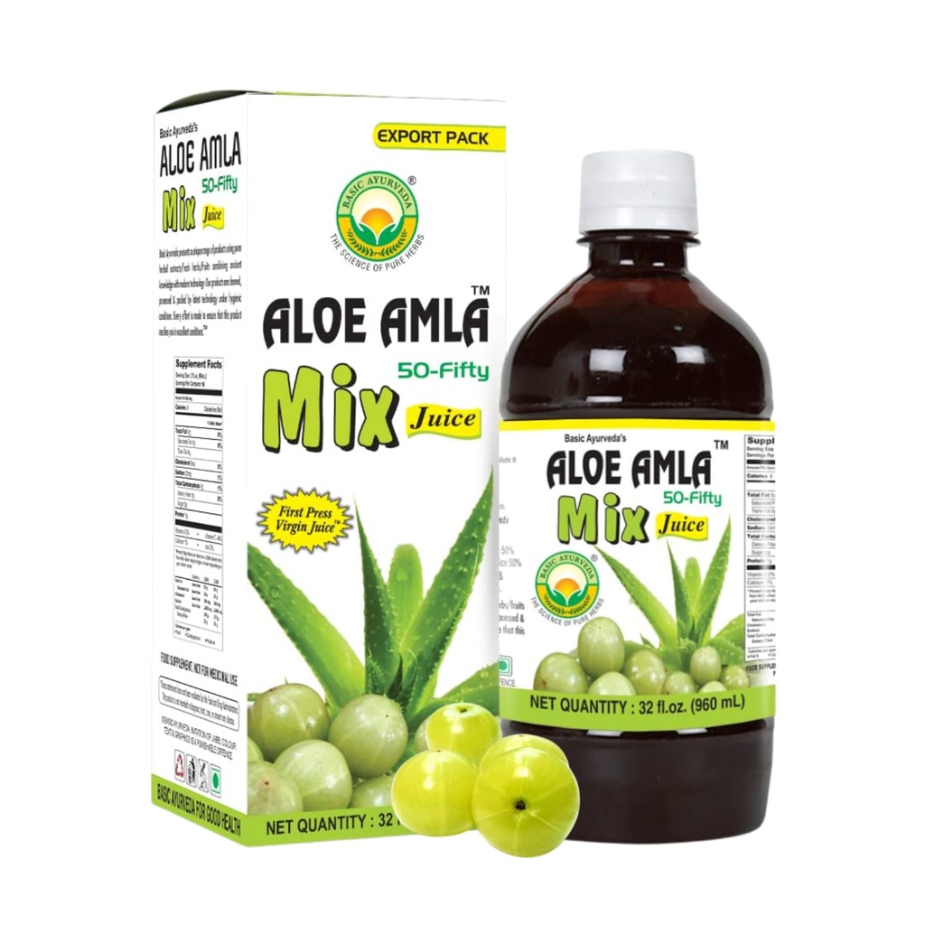 기본 Ayurveda Aloe Amla Mix Juice | 알로에 Vera & Amla Fruit 혼합 | First Press Virgin Juice | 식물 기반 일일 음료 | Vegan & Non-GMO | 32.46 Fl Oz (960ml)