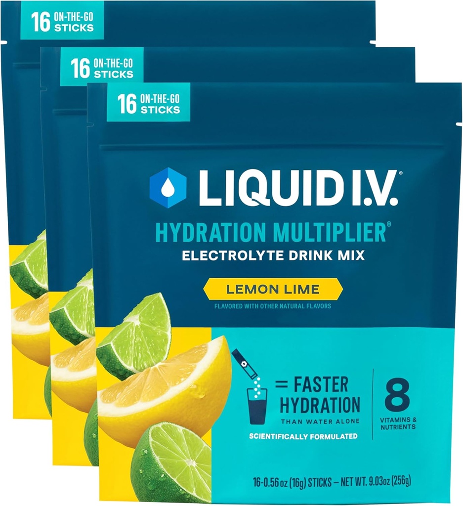 Liquid I.V.® Hydration Multiplier - 레몬 라임 | 일렉트로테 파우더 음료 믹스 | 3 팩 (48 인분)