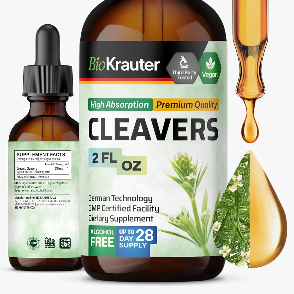 BIO KRAUTER Cleavers Tincture - 클레버 허브 액체 추출물 - 자연 해독 - 알코올 및 설탕 무료 - Vegan Extract 2 Fl.Oz.