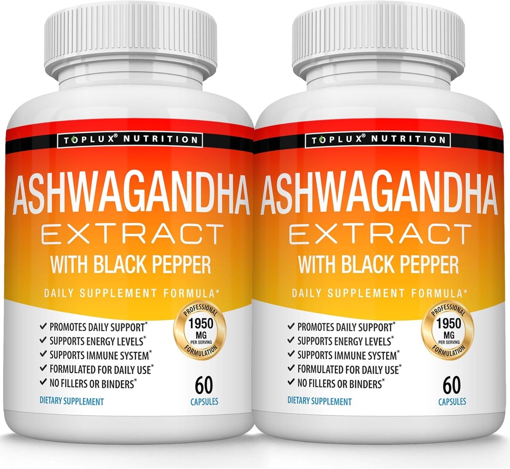 유기 Ashwagandha 뿌리 분말 알약 검정 고추 추출물을 가진 1950 Mg - 순수한 자연적인 Ashwagandha 보충교재, 남자 여자를 위한 지원 에너지, 60의 캡슐