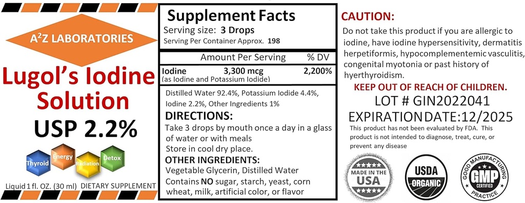 일반 A2Z 유기 Lugol의 Iodine 및 칼륨 Iodide 2.0% 해결책, 1 Fl Oz - Thyroid 지원, Detox, Metabolism를 위한 액체 보충교재 하락, 미국에서 만드는