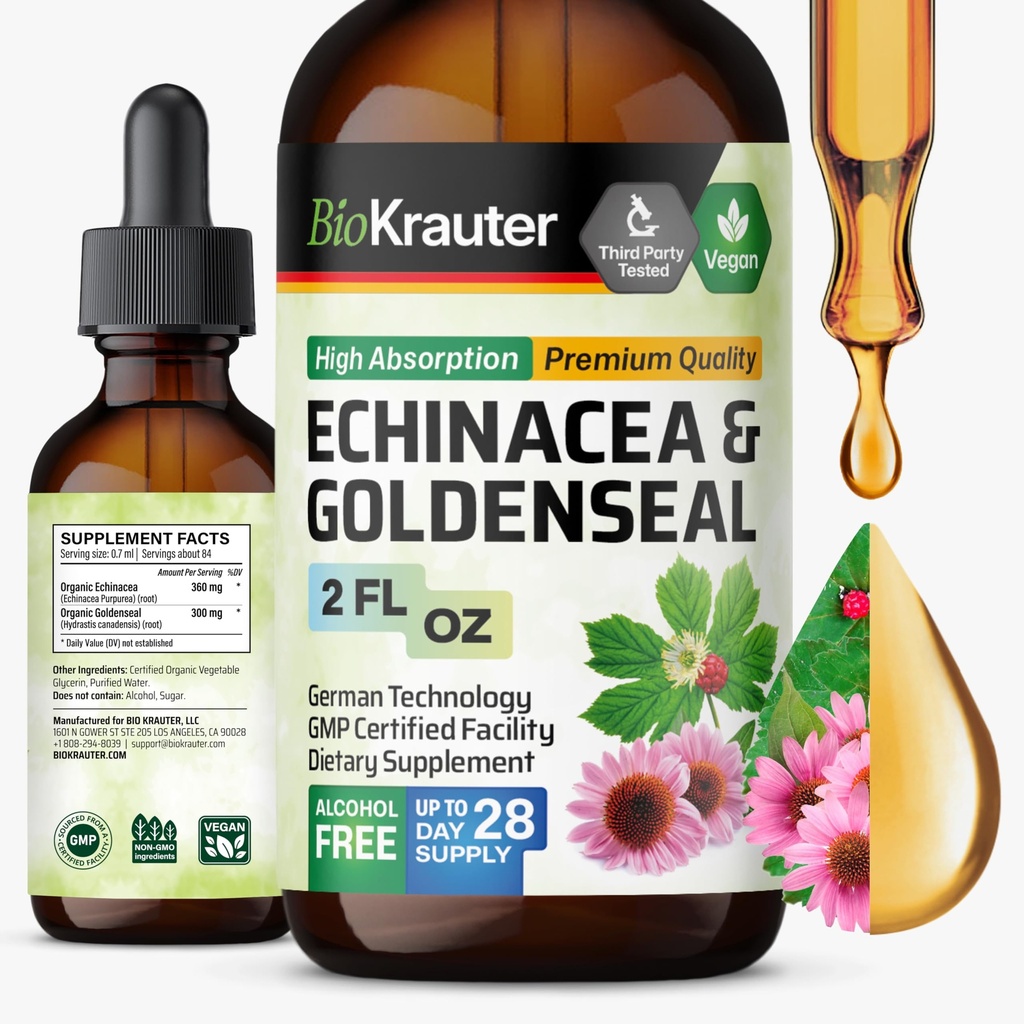 BIO KRAUTER Echinacea와 Goldenseal 뿌리 액체 추출물 - 자연적인 면역 지원 - Goldenseal를 가진 Echinacea 하락 - 채식주의자, 알콜 & 설탕 자유로운 아연 - 2 Fl.Oz.