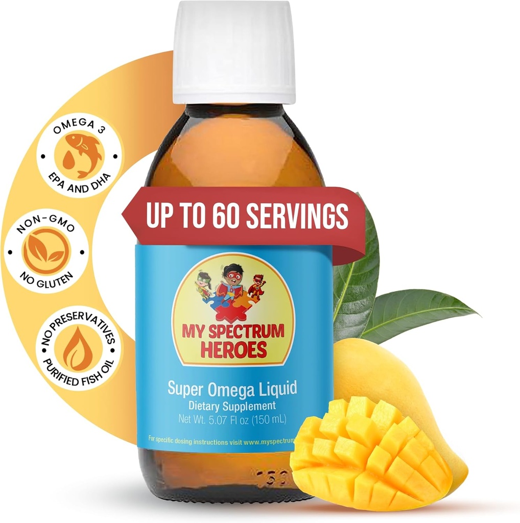 My Spectrum Heroes Fish Oil Supplement for Children - 신경 지원을위한 오메가 3, 염증 및 면역 보조 - EPA 및 DHA for Brain & Eye Health - 어린이 및 성인 액체 보충 - 5.07oz (150ml)