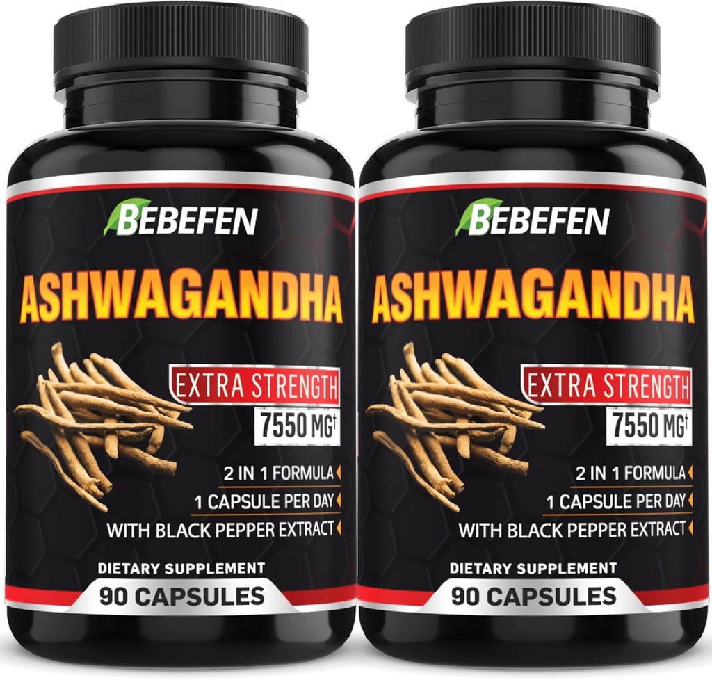 BEBEFEN Ashwagandha 캡슐 - 블랙 페퍼 추출물을 가진 7550mg 공식 알약 - 에너지 지원을 위한 90의 캡슐 Ashwagandha 보충교재 - 3 달 공급 (2의 포장)