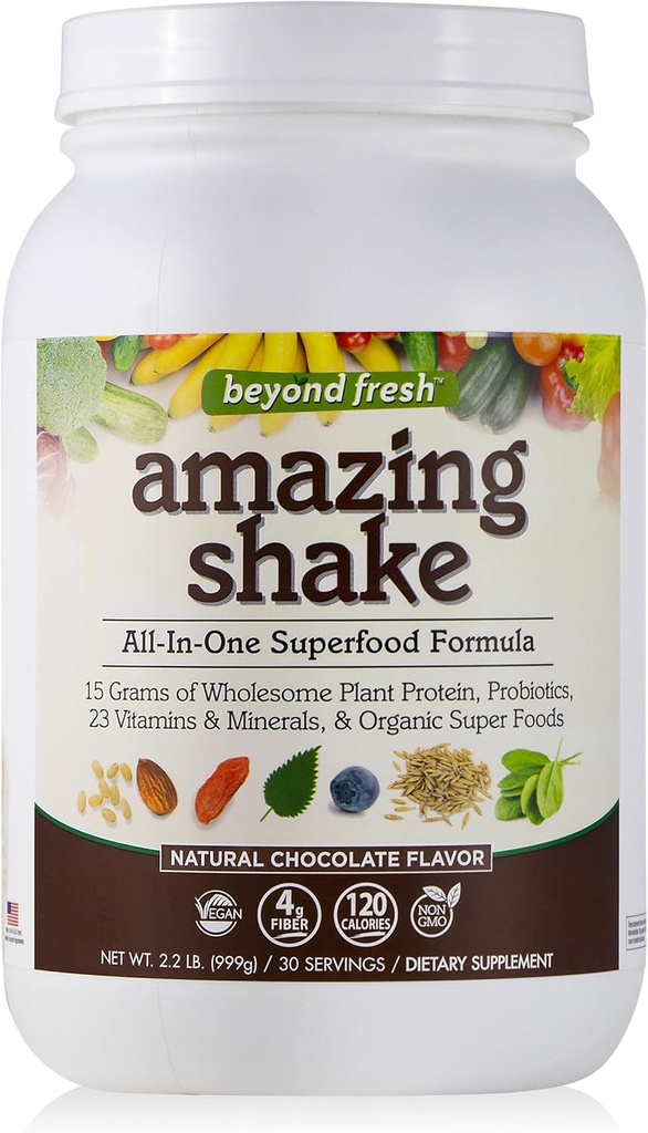 신선한 놀랍게도 Shake, Superfood Formula, Plant Protein based, Low Net Carbs, Wholefood Protein, 식사 교체, 천연 초콜릿 맛, 999 그램, 화이트