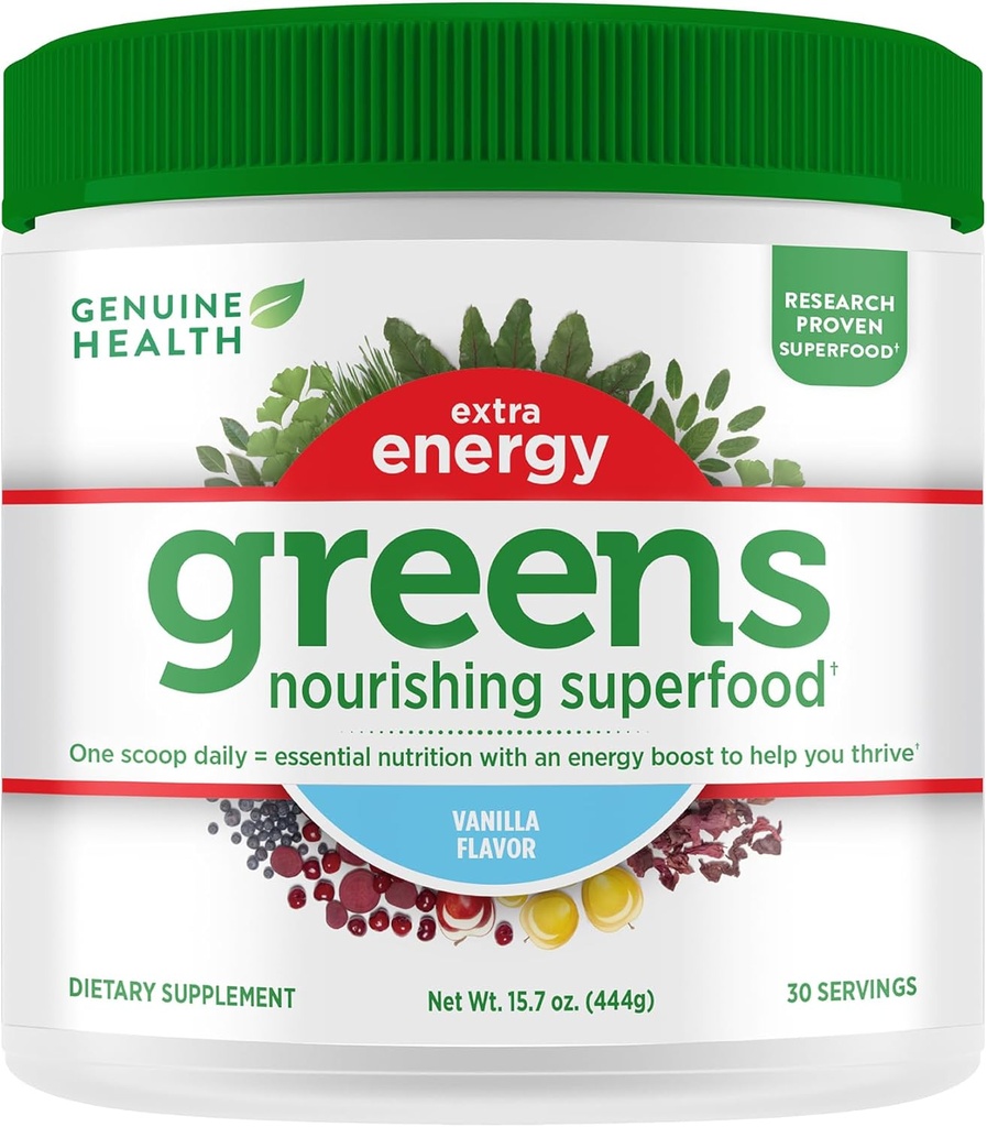 정품 건강 녹색 + 추가 에너지 슈퍼 푸드 분말, Immediate Energy Boost & Supports Gut Health, Vanilla Flavoured, 30 서빙 제공