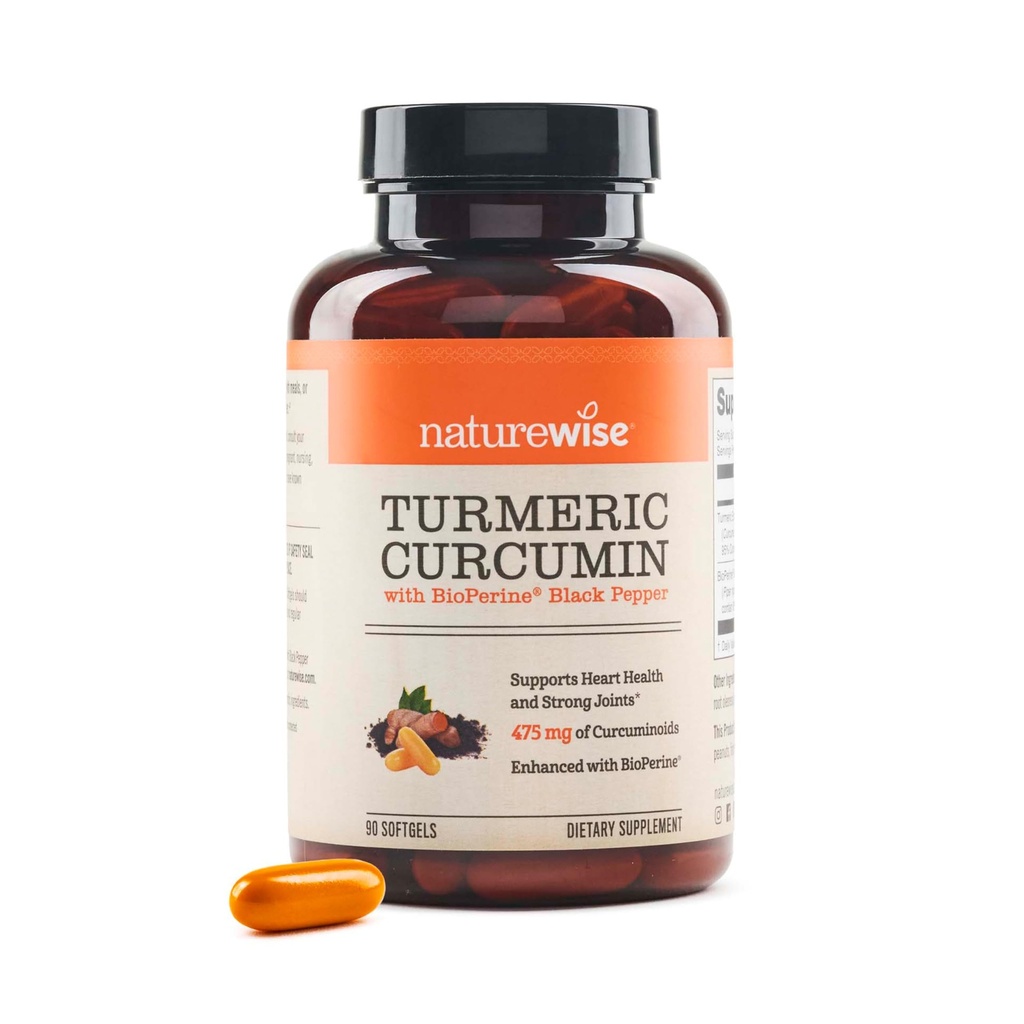 NatureWise Turmeric Curcumin 500mg with Black Pepper Softgels - 추가 강도, 향상된 흡수 - 95 % Curcuminoids & BioPerine for Immune Support - 글루텐 프리, 비 GMO - 90 카운트 [3- 월 공급]