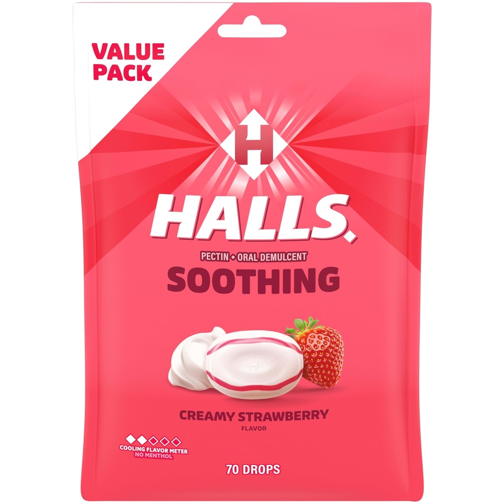HALLS Throat Soothing (이전 HALLS Breezers) 크림 딸기 스로트 드롭, 이코노미 팩, 70 드롭