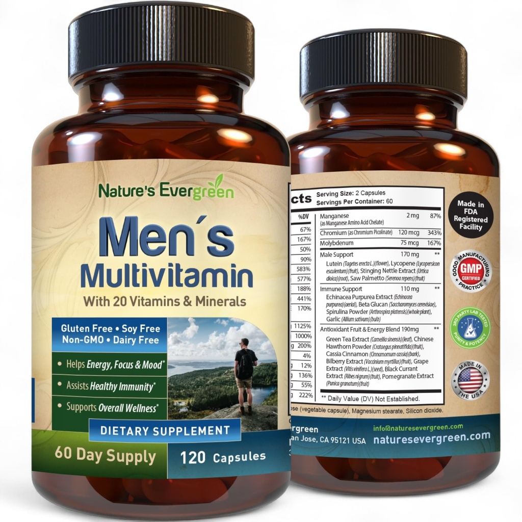 남자를 위한 제일 Multivitamin | 20개 이상의 비타민 A, C, D, E, B12, 아연 및 남성을 위한 필수 비타민을 가진 완전히 남자 Multivitamins & Multiminerals | 에너지, 초점 & 면역력. 120 캡슐