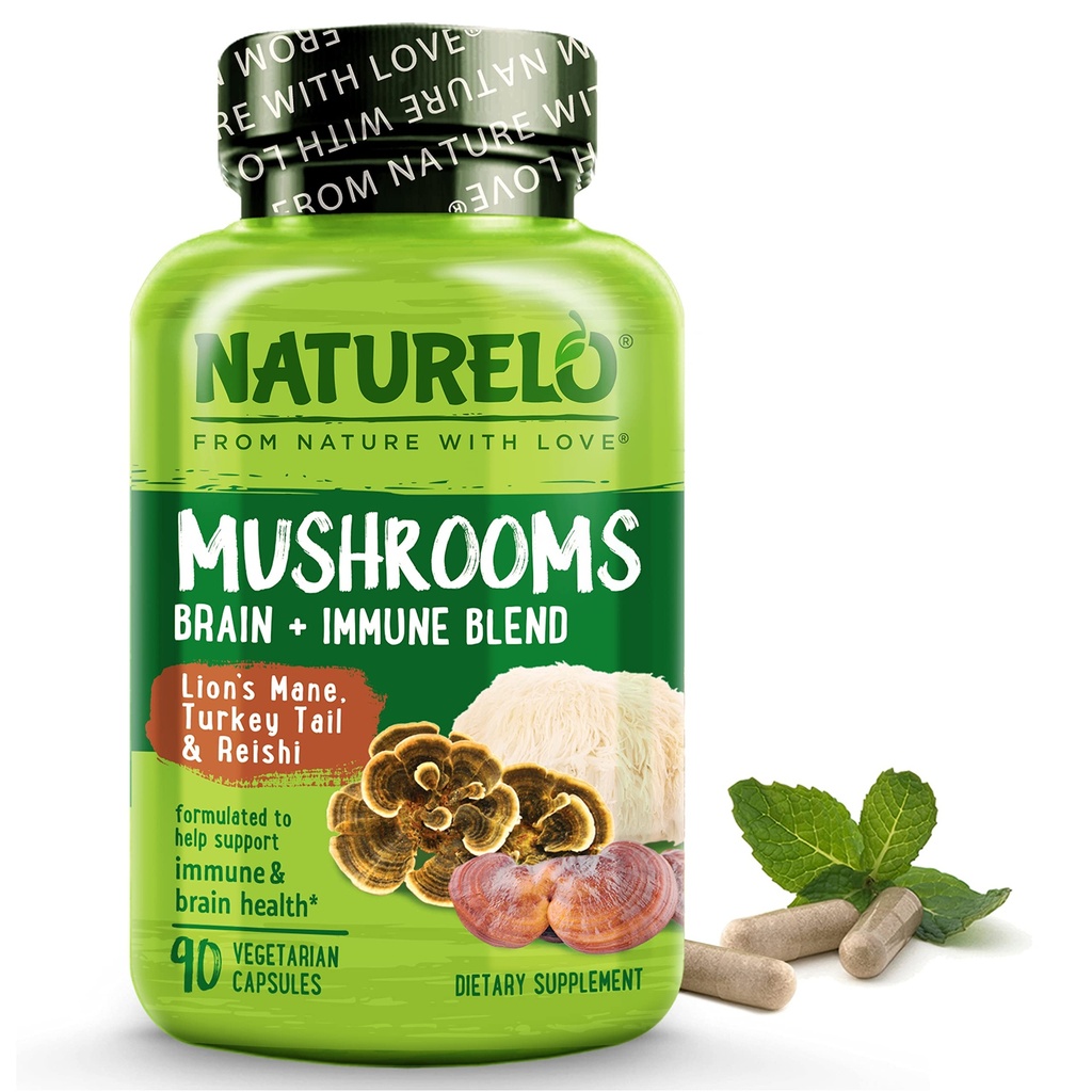 NATURELO 버섯 보충 두뇌 & 면역 건강 혼합 Lion s Mane, Reishi, Turkey Tail 90 Vegan 친절한 캡슐