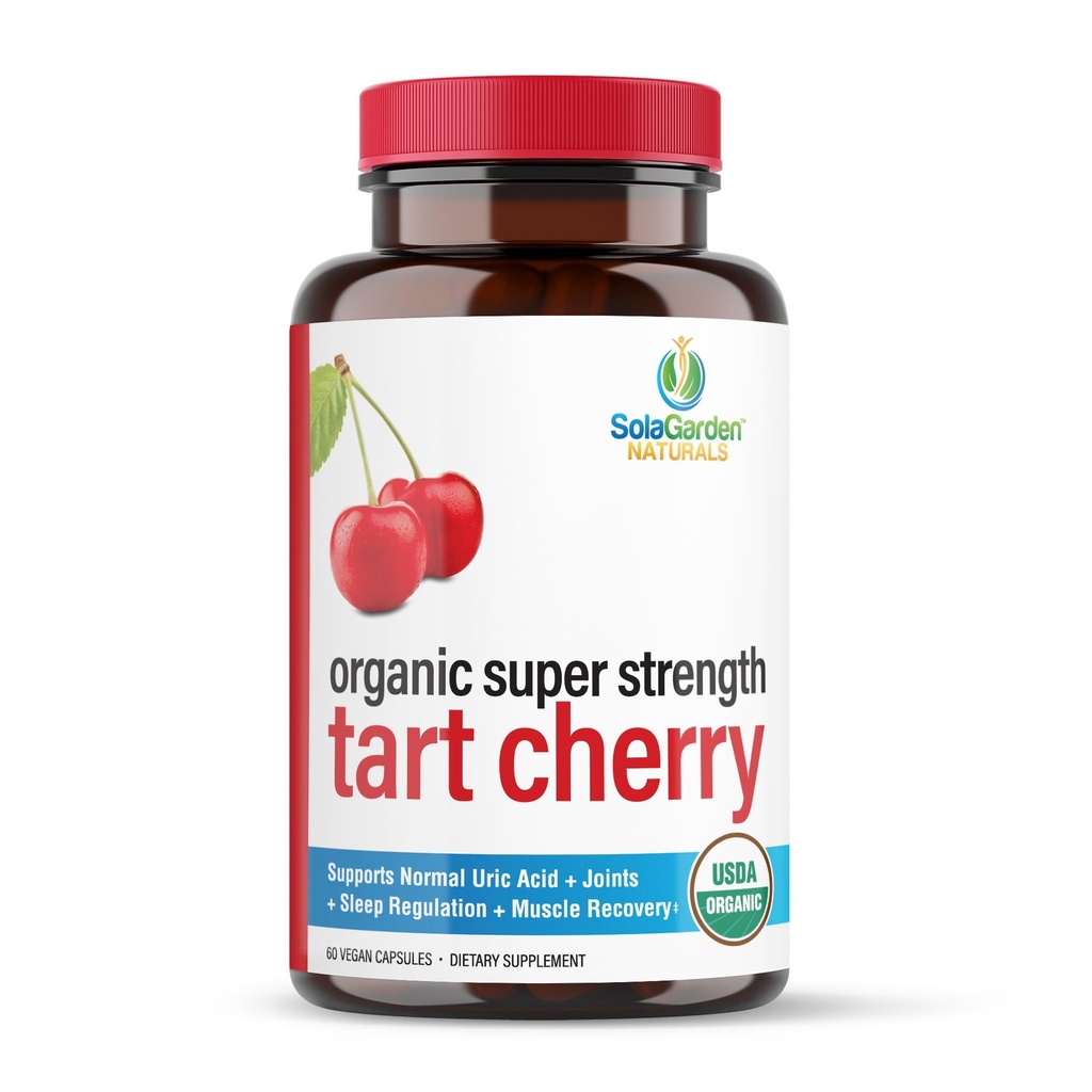 Super Strength CherryPURE Tart Cherry Supplement - 50 : 1 미국 농축 - SolaGarden Naturals의 비 GMO Montmorency Cherries로 제작되었습니다. 60 비 GMO Veggie 캡슐.