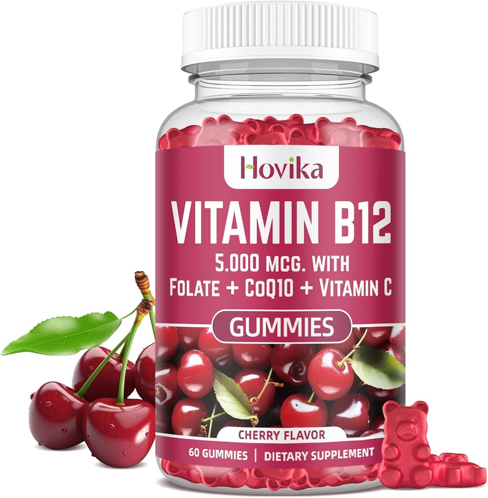 비타민 B12 Complex 5000 mcg 메틸 B12, Adenosyl B12 & Hydroxy B12, Coenzyme Q10와 더불어, Folate, 비타민 C, 에너지 지원을 위한 Chewable B 12, 대사, 뼈 건강 - 체리 풍미
