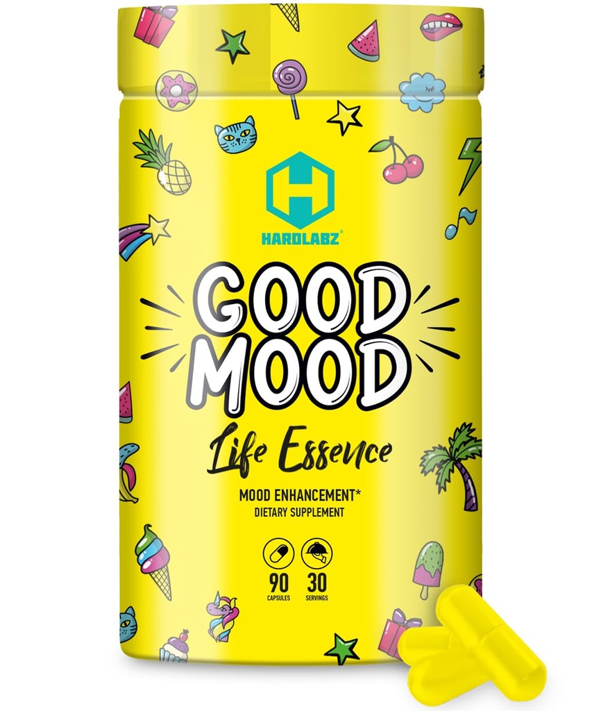HARDLABZ Good Mood - 모든 자연 Nootropic Lion 's Mane Mushroom 및 Cognitive 및 정신 지원을위한 초본 추출물 - 스트레스 완화, 두뇌 성능, 무드 향상, 90 캡슐
