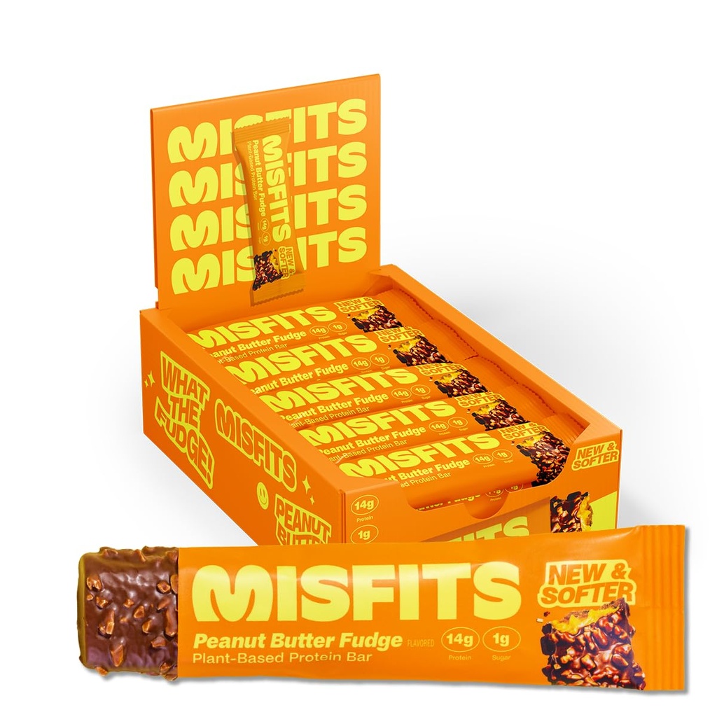 Misfits Vegan Protein Bar, Peanut Butter Fudge - 업데이트 된 레시피 | 식물 기반, 낮은 설탕 및 캐비넷, 높은 섬유 스낵 | 15 팩