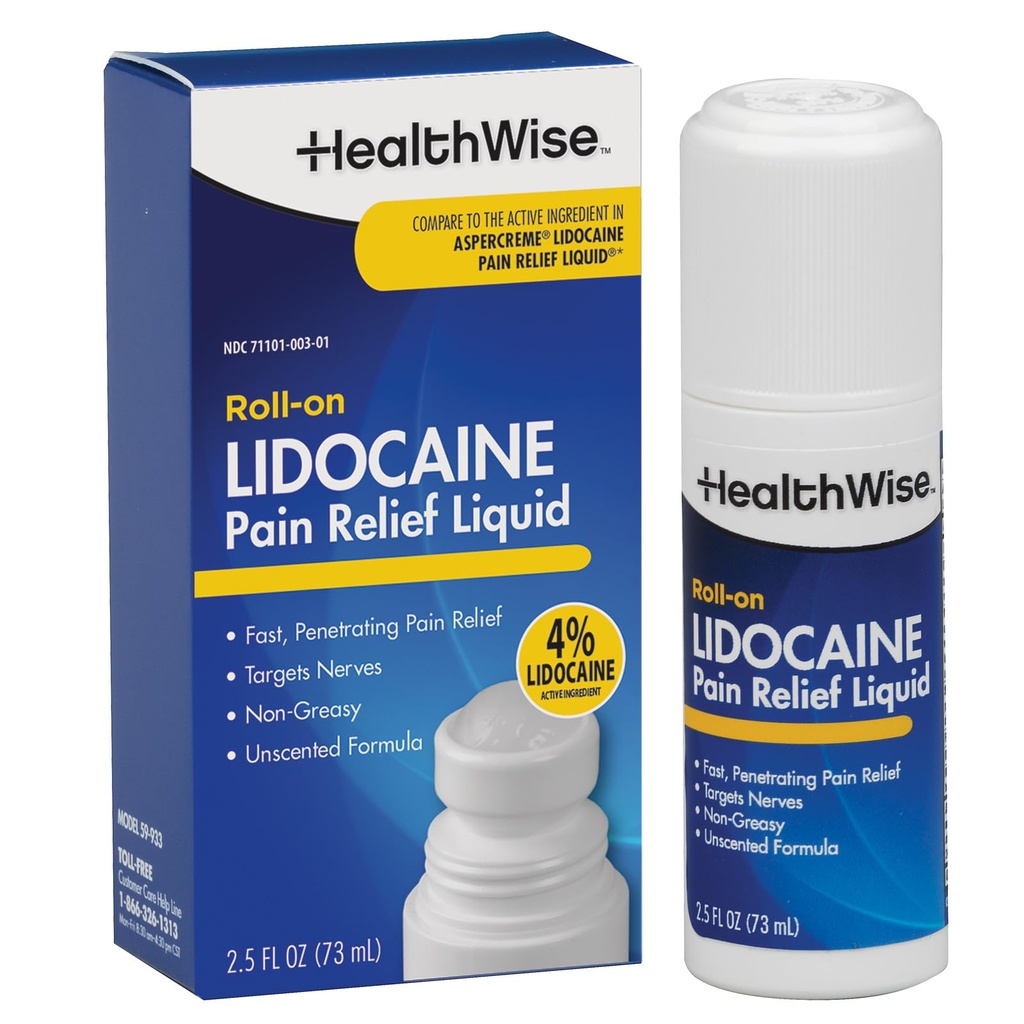 HealthWise 4% 리도카인 롤온 | OTC 강점 | 통증 완화 액체 | 2.5 oz. 73 mL | 비그라쉬, 무향수형 | 화제 마취