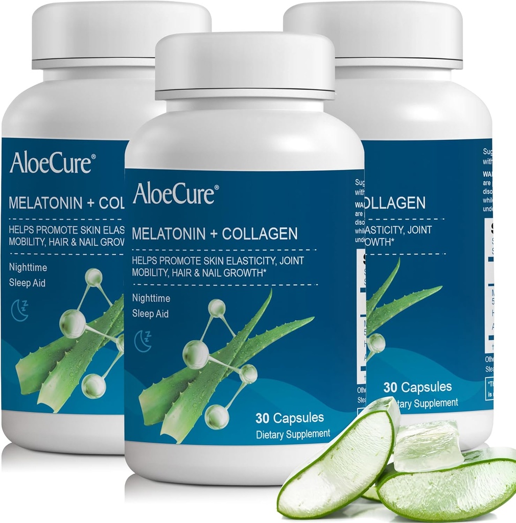 AloeCure 자연적인 Melatonin + 유기 알로에 Vera를 가진 교원질 - 낭만적인 밤을 위한 자연적인 수면 보조 보충교재 - 합동 힘, 피부 탄력성, 머리 & 못 성장, 30의 캡슐을 위한 교원질 복합체