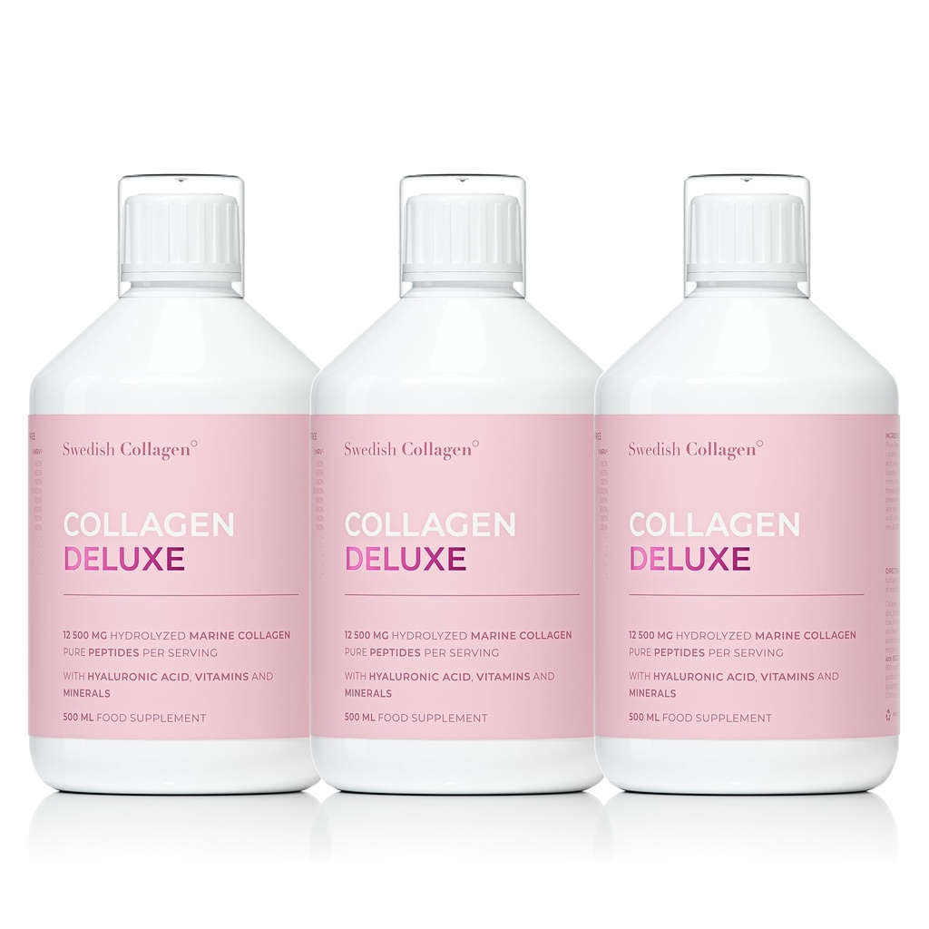 교원질 디럭스 500ml x 3 I 8 주 뭉치 I 12500 mg 바다 교원질 (유형 I & III) I Hyaluronic 산, Biotin, 비타민 C I 설탕 자유로운 - 8 주 공급