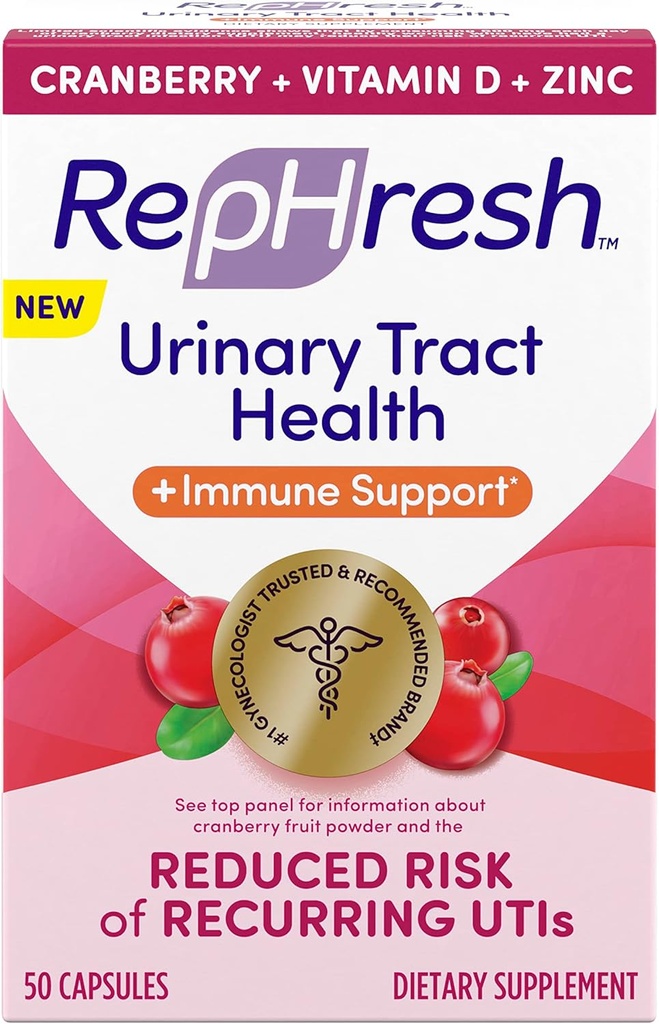 Rephresh Cranberry Urinary Tract 건강 플러스 면역 보충교재, 비타민 D + 아연으로 혼합 - 50 조사