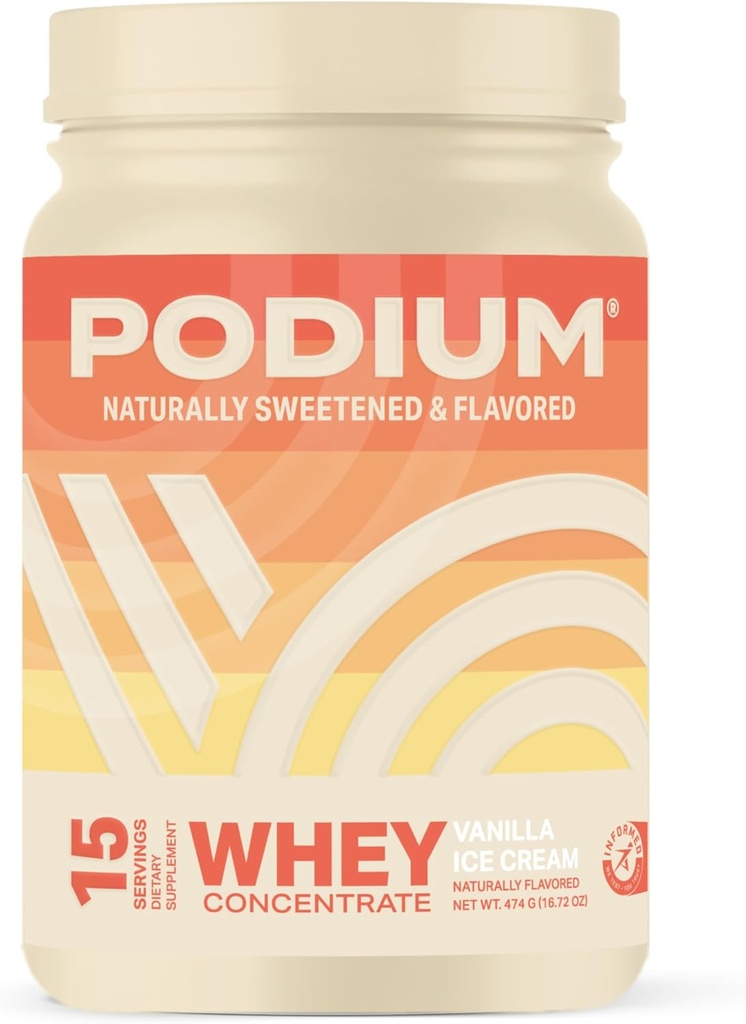 Podium Nutrition Whey Protein Powder, Vanilla Ice Cream, 소화 효소, Whey Protein Isolate & Concentrate, Gluten Free, Low Carb, Low Sugar & Soy Free, 15 서빙