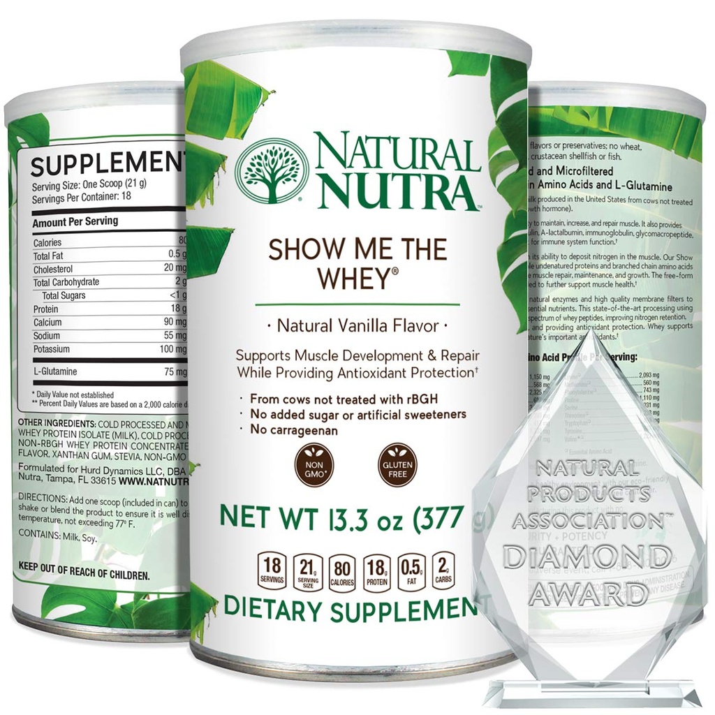 Natural Nutra Grass Fed Vanilla Show Me Whey Protein Source Powder 향상된 소화, 바디 유체 흐름, 지원 뼈 건강 및 부스트 Immunity, 글루텐 무료, 설탕 무료, 비 GMO, 13.3oz