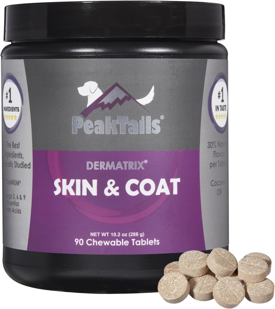 Kala Health PeakTails 피부 및 개를위한 코트 지원 - MSM, Fish Oil, Omega-3 및 Omega-6이있는 90 Chewable 정제 - 건강한 피부, 빛나는 코트 지원