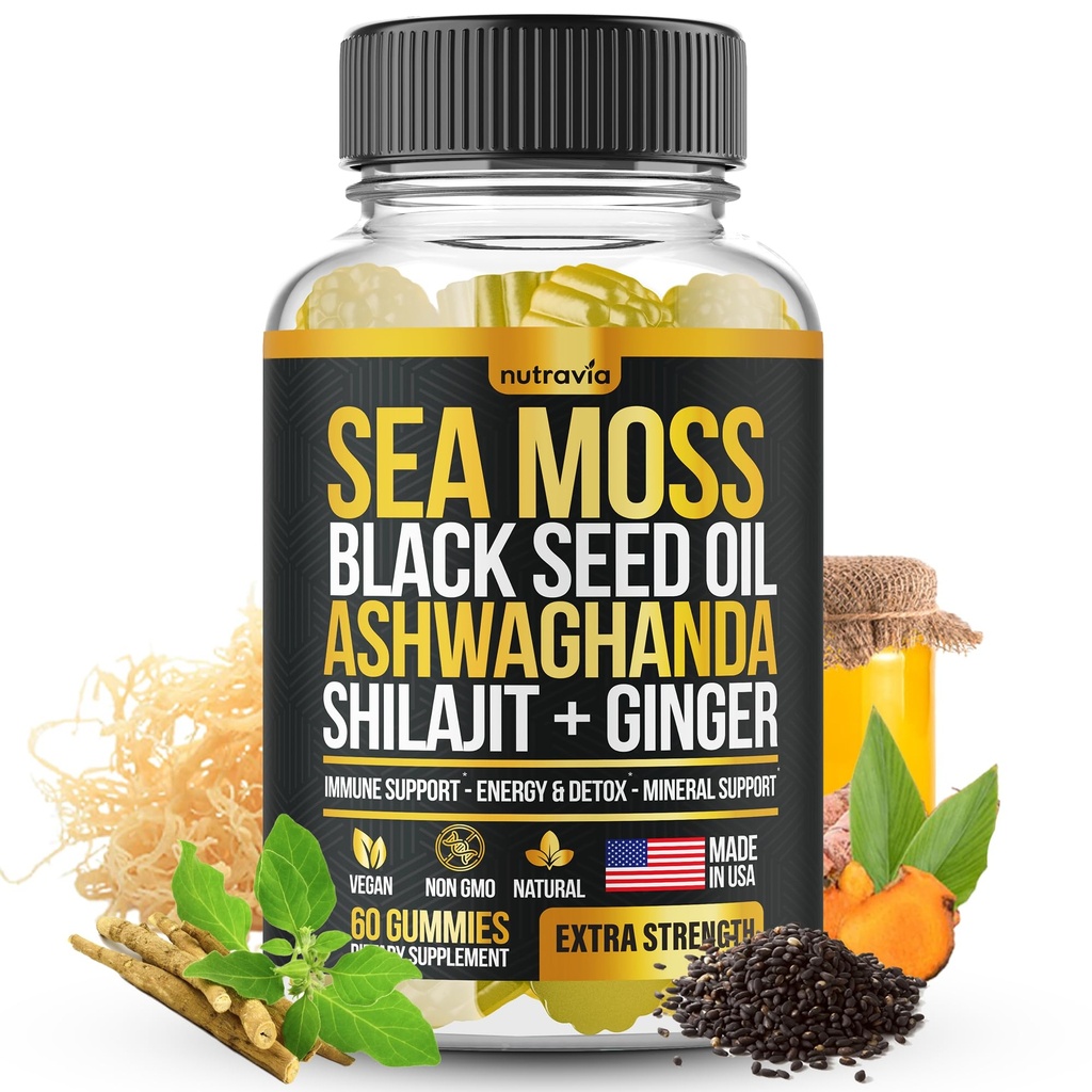 Sea Moss, Black Seed Oil, Ashwagandha, Ginger, Elderberry, Chlorophyll, Turmeric Bladderwrack Sea Moss Gummies 고급 강도 포뮬러가있는 Shilajit Gummies - 미국 제작 (60 Gummies)