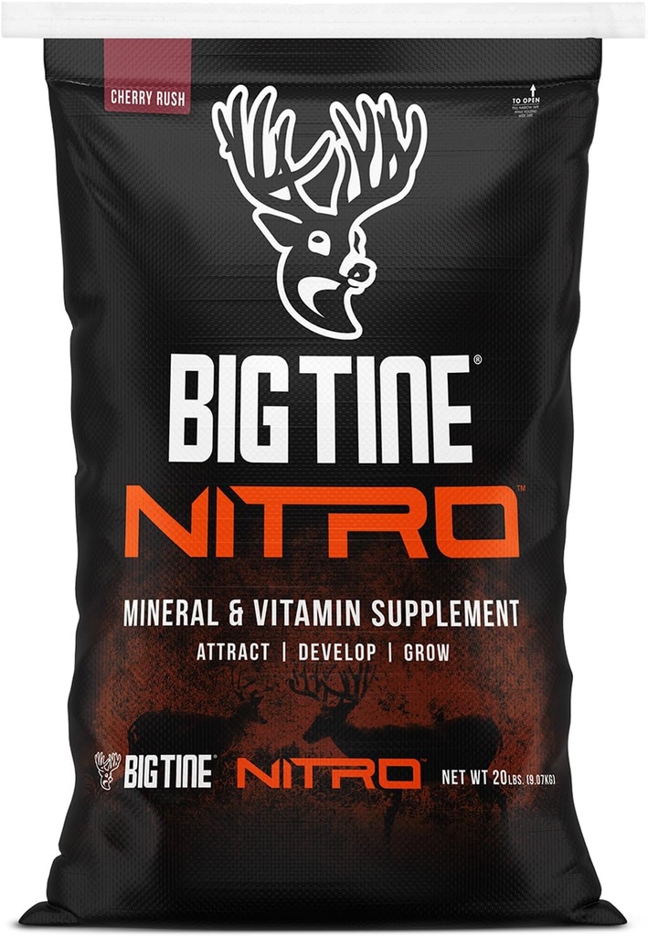 Big Tine Nitro, Deer Supplement, 20 파운드 가방, Cherry Rush Scent, 강력하고 긴 Lasting Scent, 높은 Bioavailability, 비타민과 미네랄로 포장
