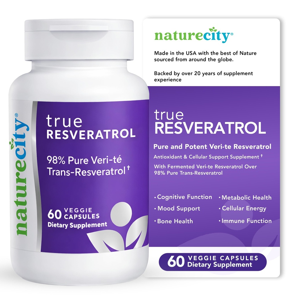 NatureCity TrueResveratrol – 75mg Trans-Resveratrol (98 % Pure Veri-te), Immune, Bone & Cognitive Health 용 Resveratrol 보충 및 노화 방지 지원 | 60 Veggie 캡슐