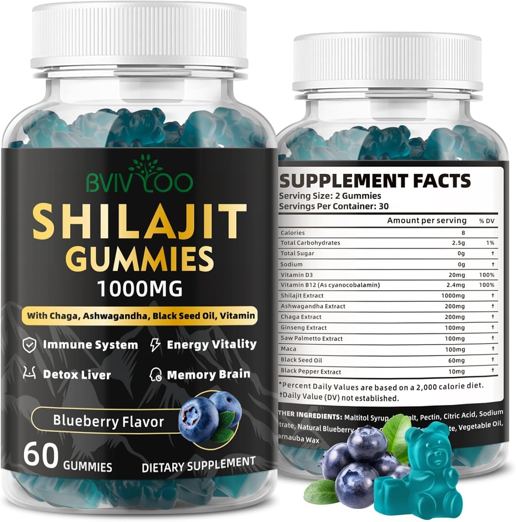 Men & Women을위한 Shilajit Gummies - 85 + Trace Minerals & Fulvic Acid의 Sugar-Free Shilajit Supplement Rich, 에너지 제공, 두뇌 및 면역 지원 - 60 Gummies