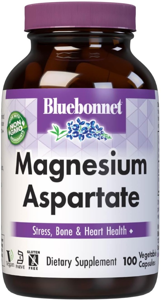 Bluebonnet Nutrition Magnesium Aspartate, Stress Relief*, Bone Health*, Heart Health*, Non-GMO, Vegan, Kosher Certified, Gluten-Free, Soy-Free, Dairy-Free, 100 야채 캡슐, 50 서빙
