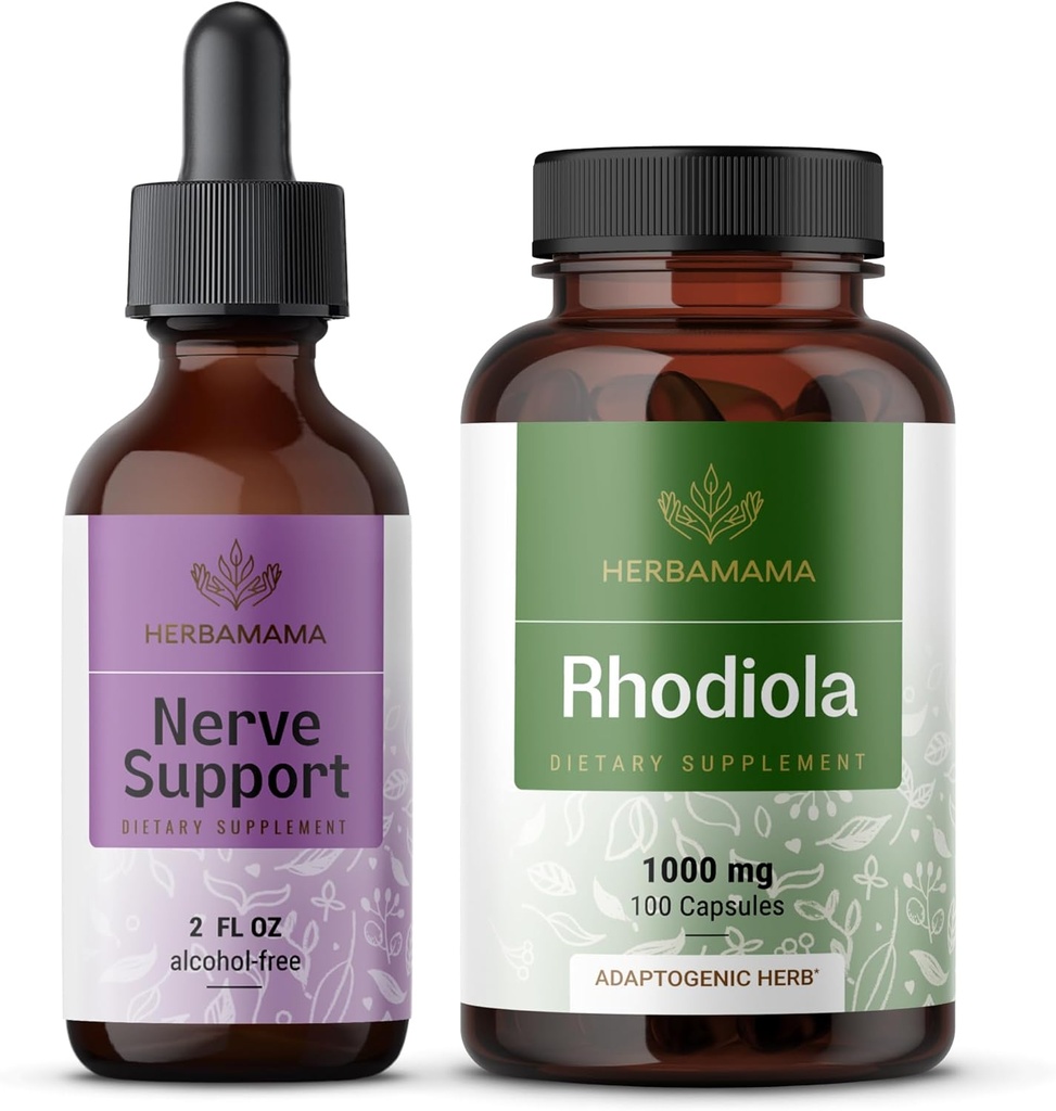 HERBAMAMA Nerve 지원 및 Rhodiola 키트 - Nerve 지원 액체 Complex의 번들 2 fl oz & Rhodiola Rosea 캡슐 - Vegan, Non-GMO, Sugar & Alcohol-Free, 2 Pack