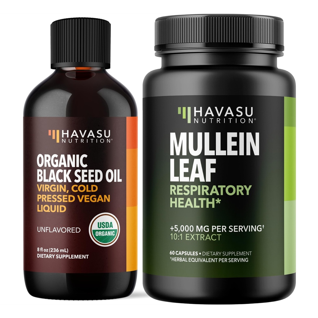 HAVASU 영양 유기 검정씨 기름 액체 + Mullein 잎 캡슐 뭉치
