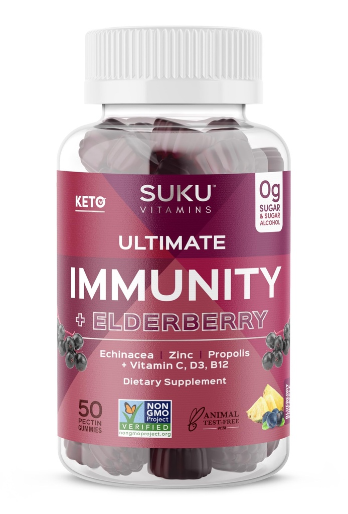 SUKU 비타민 - 궁극적 인 면역 - Immune 지원을위한 Elderberry Echinacea 및 Propolis Gummies, Chew에 쉬운 - 비 GMO, 글루텐 설탕 무료 - 석류 맛 거미 비타민, 50 조사