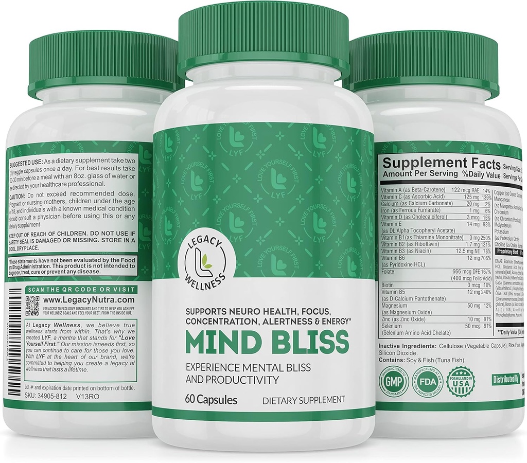 Mind Bliss Brain Supplement : 40-Ingredient Memory, Focus & Clarity Vitamins, Energy Boost & Nootropic Support with DMAE, 60 알약