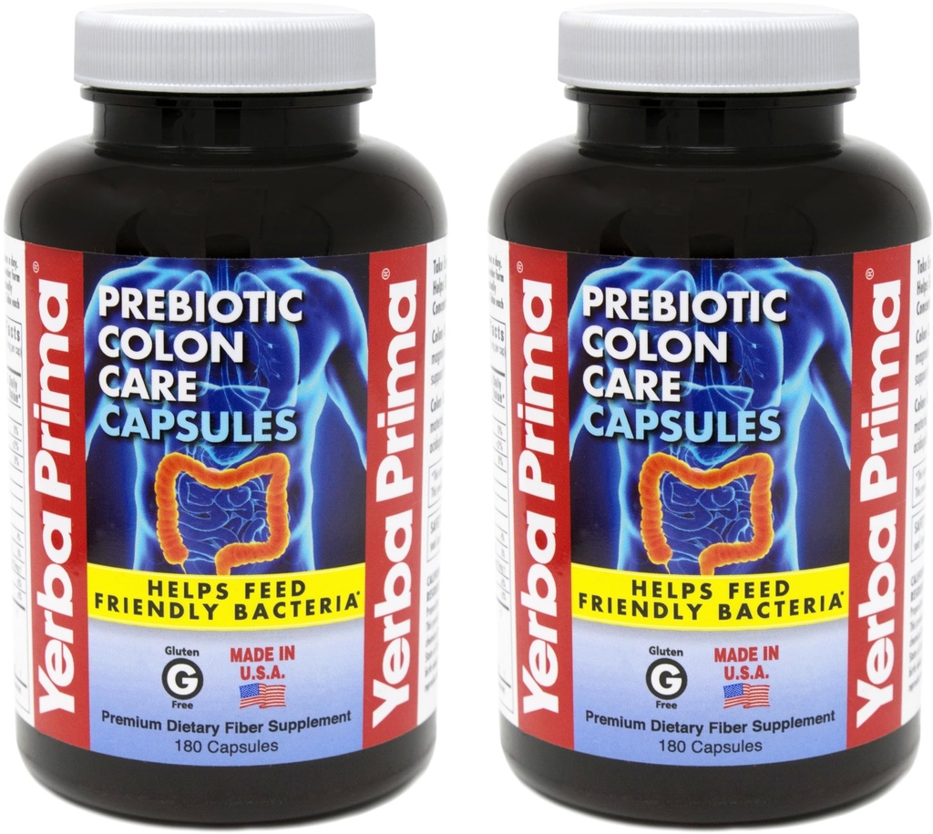 Yerba Prima Prebiotic Colon Care Capsules Dietary Fiber, 180 Count, (Pack of 2) - 파이버 플러스 FOS Prebiotics 보충의 다섯 가지 형태 - 수용성 및 일반성 및 소화 지원