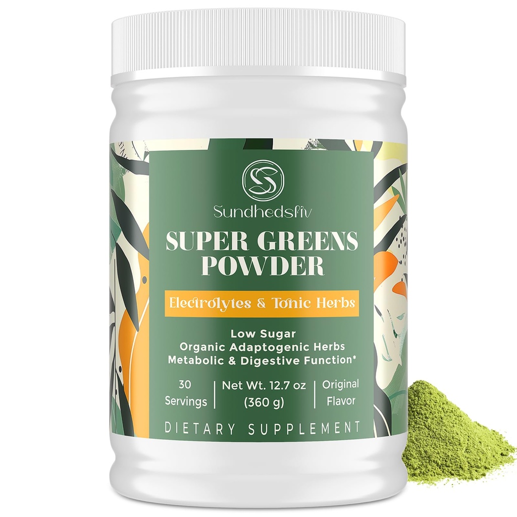 Super Greens Powder Superfood + Electrolytes & Tonic Herbs | 유기농 그린, Shilajit, Adaptogens, 산화 방지제, Preobiotic & Probiotic & Postbiotics|에너지, Gut & Immune|불꽃놀이