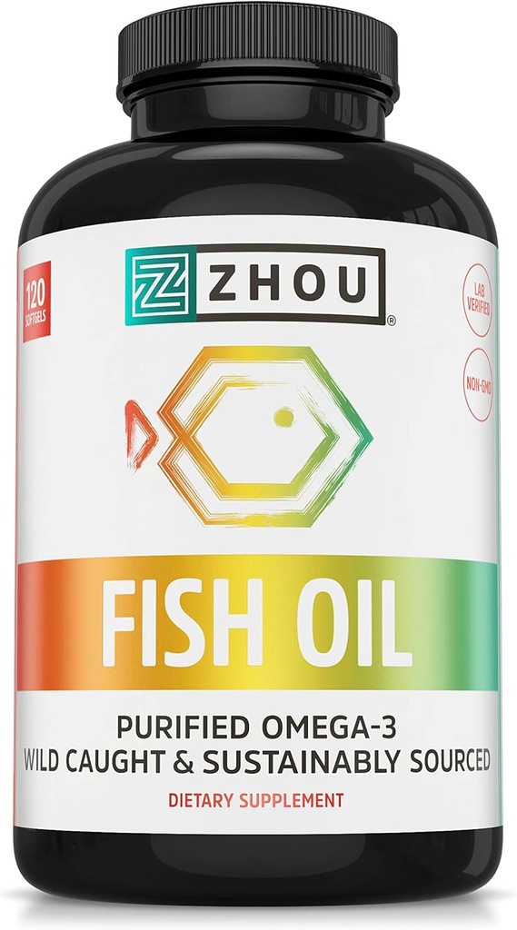 Zhou 물고기 기름 - 여성 & 남자를 위한 물고기 기름 보충교재, Omega 3 지방산, 성인을 위한 DHA & EPA의 자연적인 근원, Burpless, 순수한, 심장 & 합동 건강 - 120 Softgels