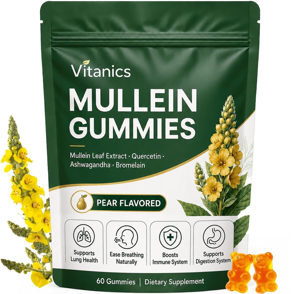 Mullein Gummies, 매일 호흡 건강 Gummies, 1000mg Mullein 잎 허브 추출물, 배 풍미, Lung 건강 & Sinus 기복 (30 일 공급)