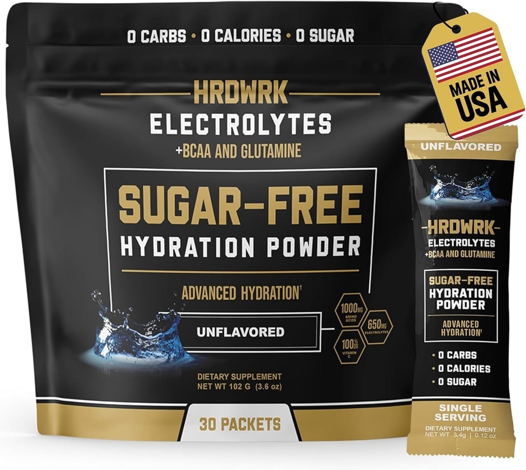 HRDWRK 마그네슘, 칼륨 나트륨, Keto Hydration 패킷을 가진 전해질 분말 소포 - 글루타민을 가진 BCAA 전해질 분말 소포, 30 Electrolytes 분말 소포 설탕 자유로운 (Unvored)