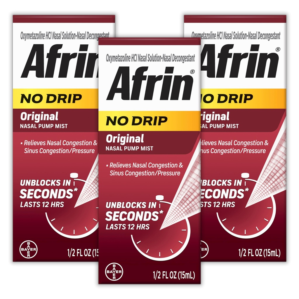 AFRIN No Drip Original Nasal Mist Triple Pack, Non-Drowsy, Nasal Congestion 및 Sinus 압력 릴리프, 성인 및 어린이 6 및 노인, .5 fl oz (포장 3)