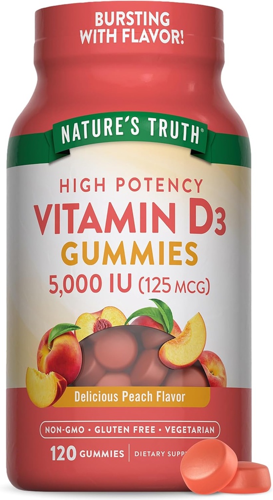 Nature's Truth Vitamin D3 Gummies | 5000 IU | 120 개 | 채식주의자, 비 GMO & 글루텐 무료 보충 | 천연 복숭아 맛, 팩 1