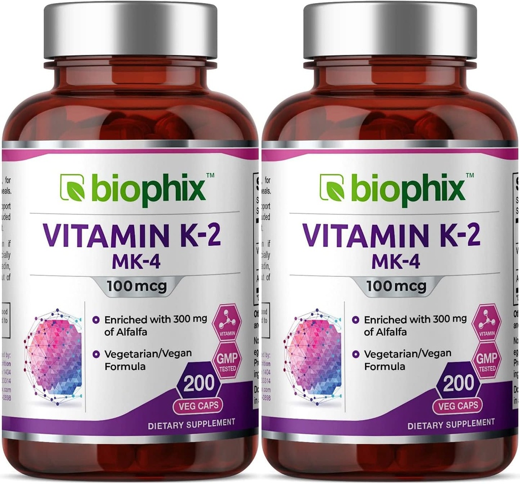 biophix 비타민 K2 MK-4-100 mcg 200는 Alfalfa 2 팩을 가진 모자 - 강한 뼈 면역력을 지원합니다