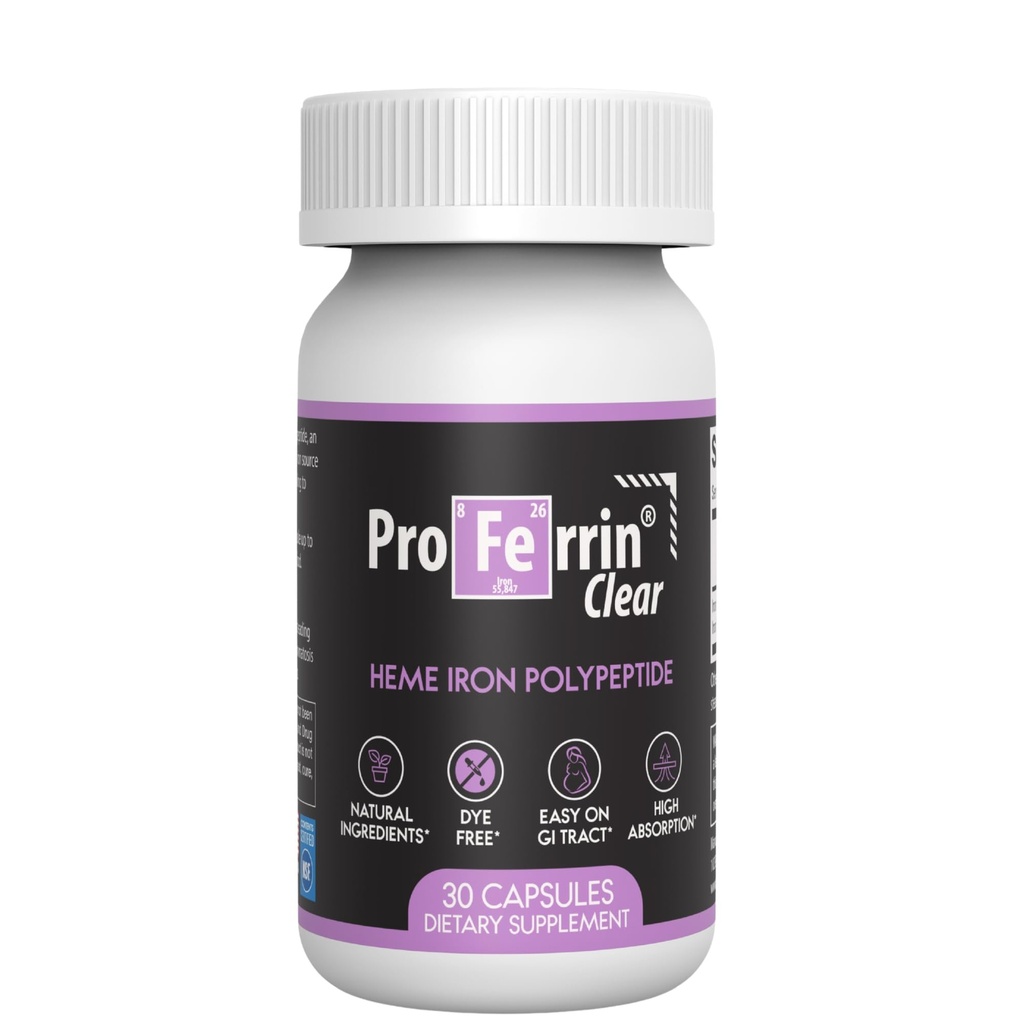 Proferrin Clear 30ct | 고 흡수를 위한 미국 Made heme Iron | 자연, NSF 인증, 염료 무료