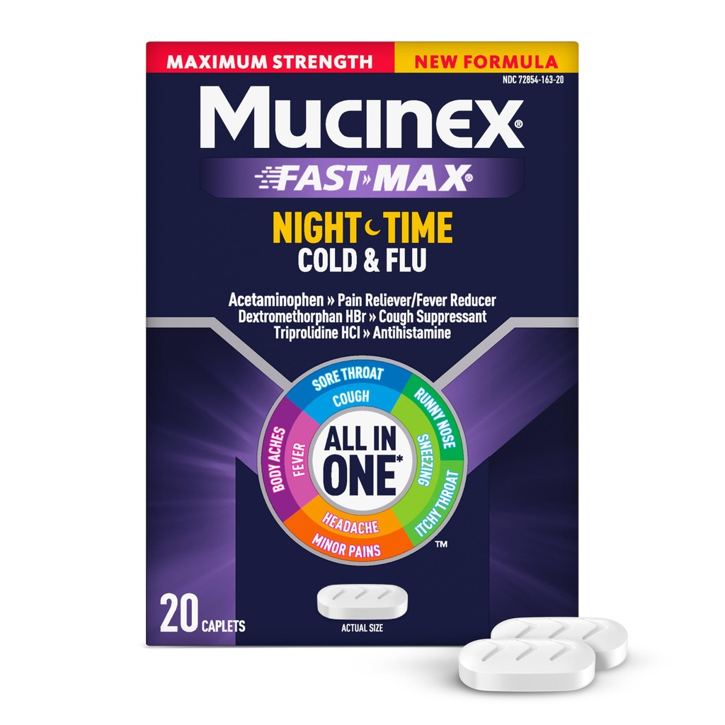 Mucinex Nightshift 찬 & 독감, 최대 힘 강력한 다 Symptom 야간 안전, 20 빠른 방출 모자 - 고통 Reliever/Fever 흡진기, 기침 억제제, 항히스타민