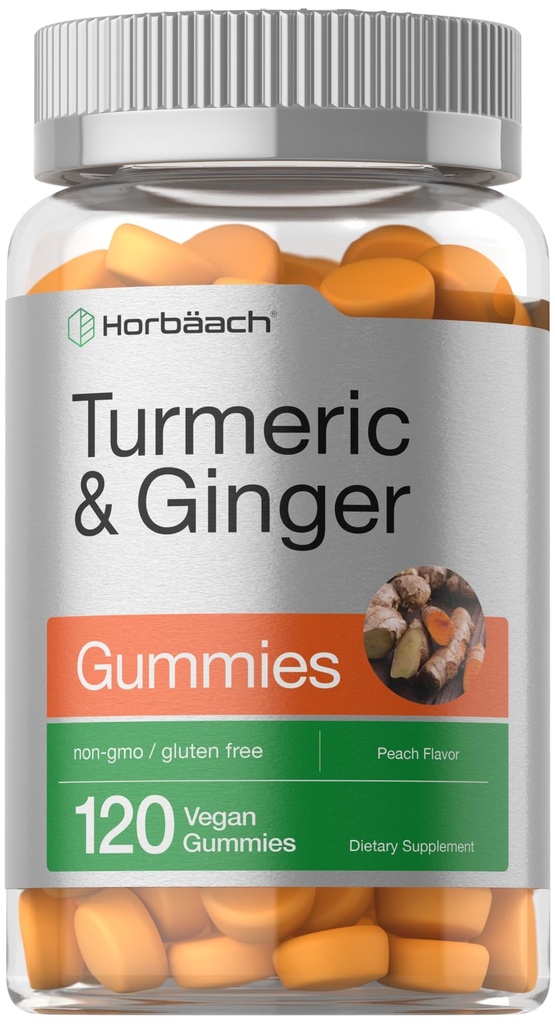 Horbäach Turmeric and Ginger Gummies | 120 개 | 복숭아 맛 | Vegan Non-GMO & Gluten 무료 보충