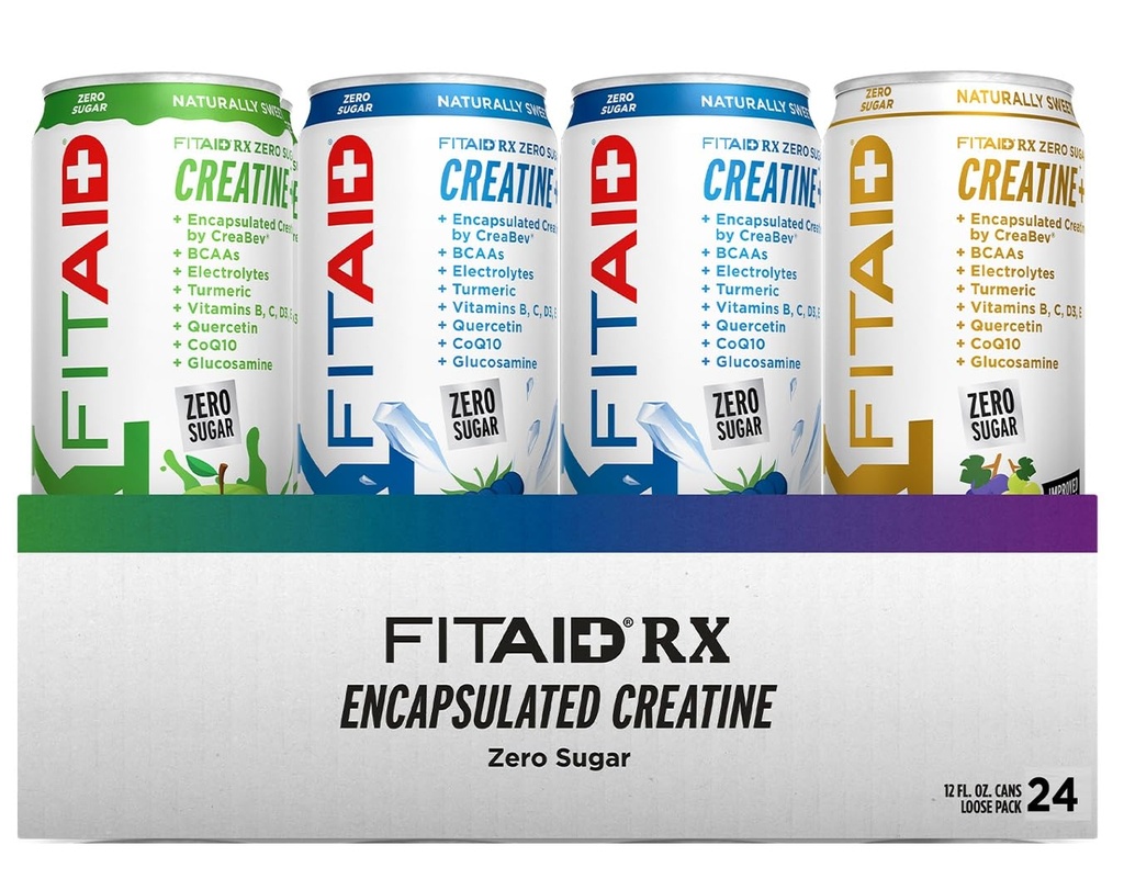 FITAID RX Zero Sugar, 캡슐화 된 크레아틴, 운동 회복 음료, 올인원 혼합, BCAA, 글루코사민, 심황, B 복합체, 전해질, 다양성 팩, 12 Fl Oz (24의 팩)
