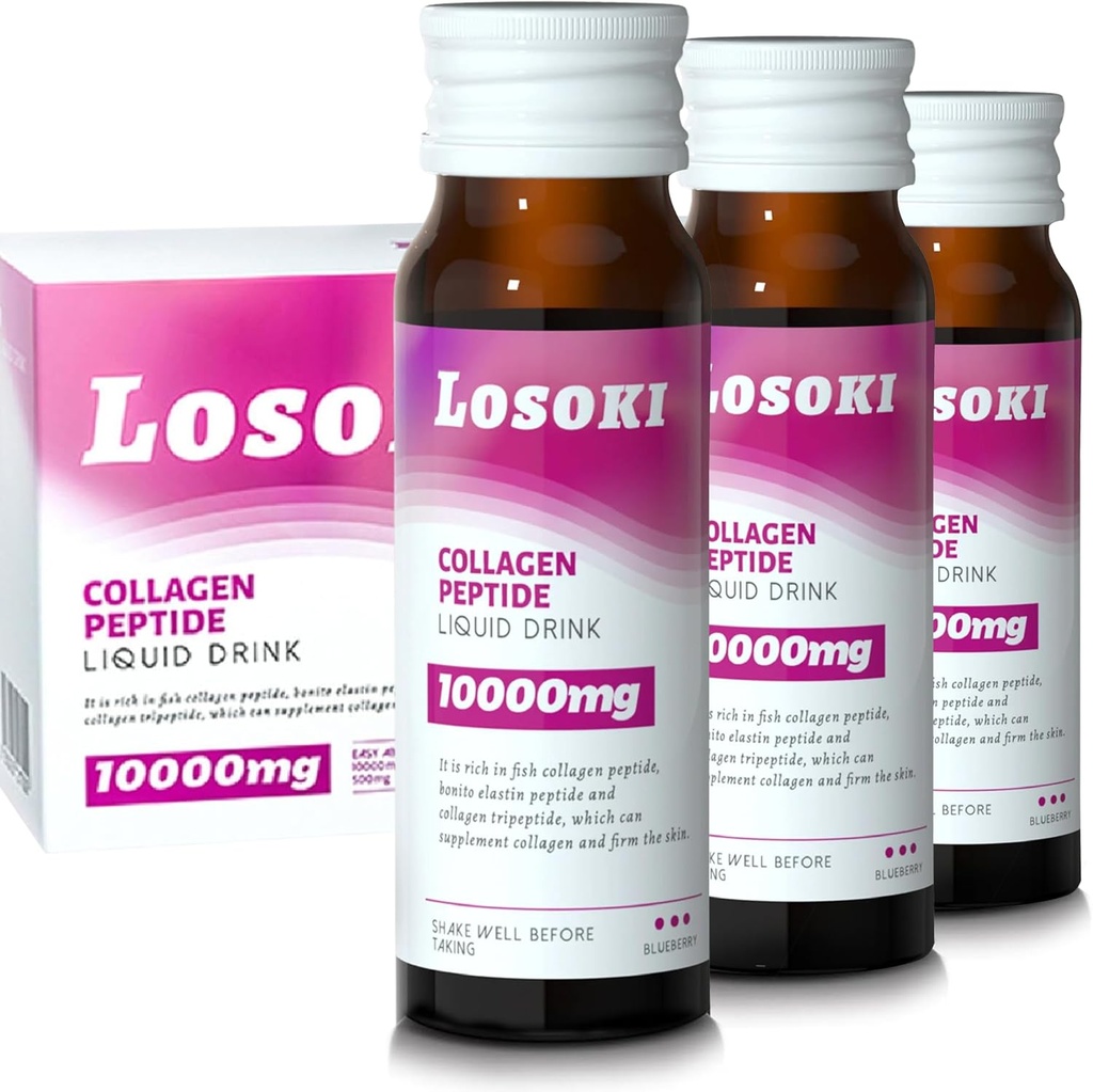 Losoki 액체 교원질 펩티드 음료 - 비타민 C, 우수한 혼합을 가진 10000mg 가수분해한 바다 교원질 펩티드는, 건강한 머리 피부 못 합동 뼈, (1개의 상자, 10의 병)를 승진시킵니다