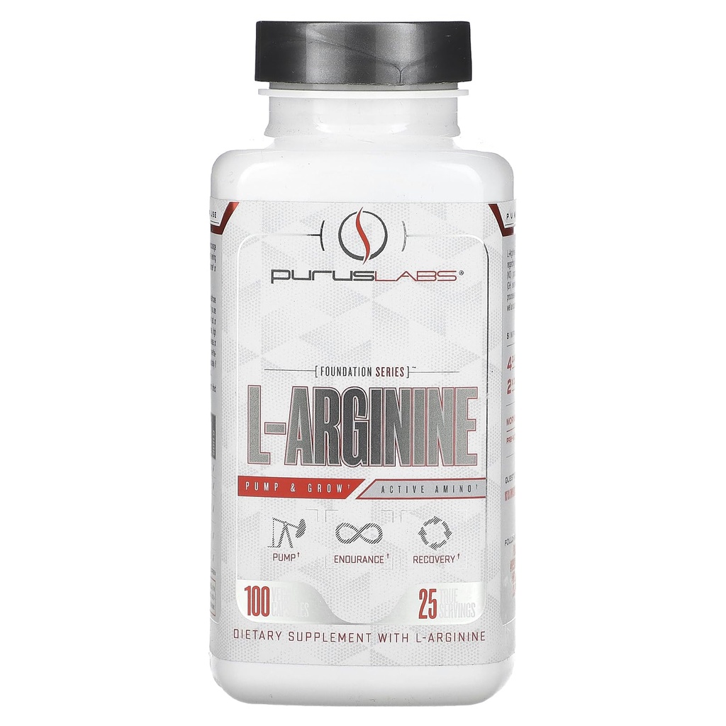Purus Labs L-Arginine Active Amino Acid | 내구시간, 펌프 및 근육 성장 | 증가된 혈액 흐름을 위한 질소 산화물 | 25 서빙, 100 Veggie 캡슐
