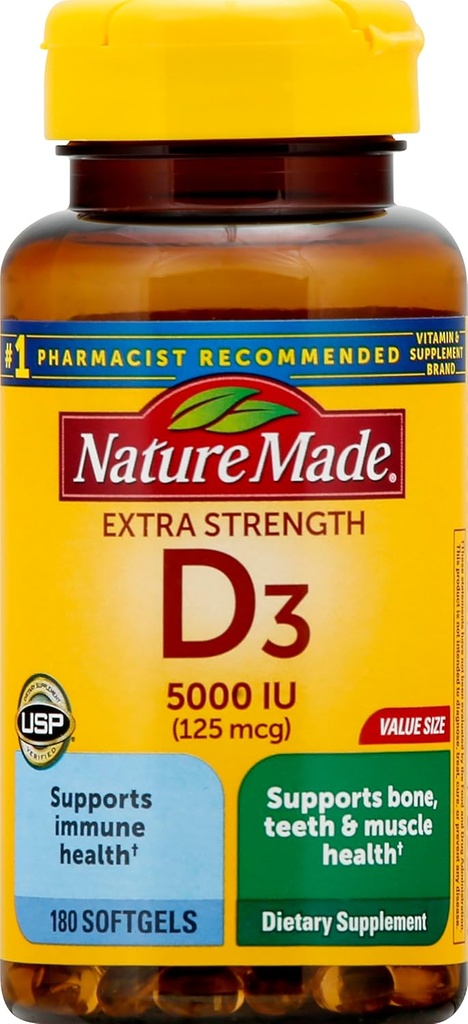 여분 힘 비타민 D3 5000 IU (125 mcg), 180 Softgels 가치 크기, 높은 힘 비타민 D 도움 지원 면역력, 강한 뼈 및 이, & 근육 기능